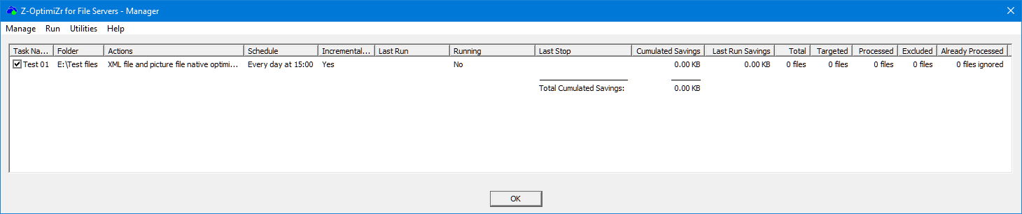 Our new task displayed in the Z-OptimiZr for File Servers Manager