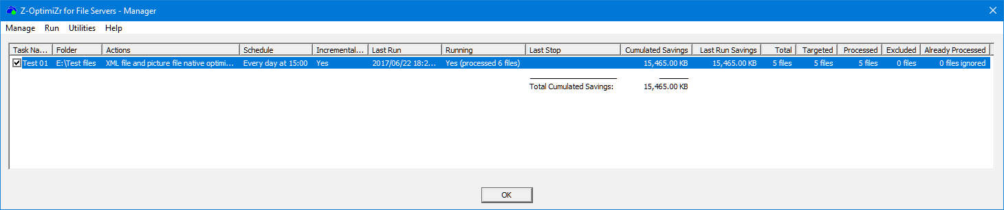 Z-OptimiZr running task displayed in the Z-OptimiZr Manager