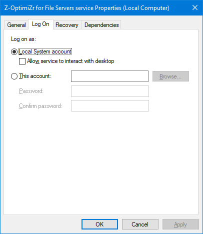 The Windows account running the Z-OptimiZr Service