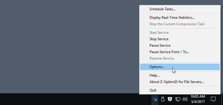 Z-OptimiZr for File Servers system tray utility Options menu